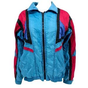 Vintage 90s Women's Nylon Windbreaker Jacket Colorblock Blue L
